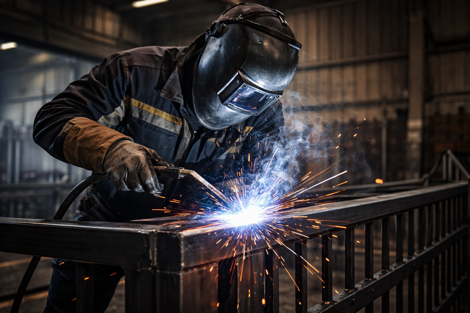 Profissional realizando serviço de soldagem em estrutura metálica